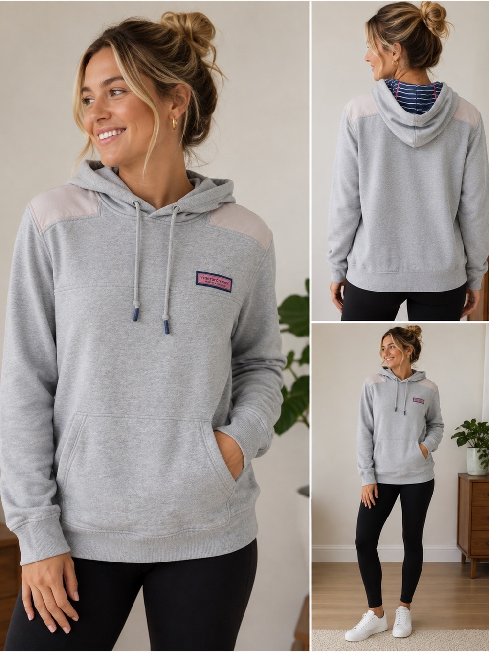 Vineyard Vines Women’s Large Gray Pullover Hoodie Pink Logo Shoulder Detail